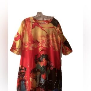 Art Deco/Oriental style multi-colored Midi Dress. XL
